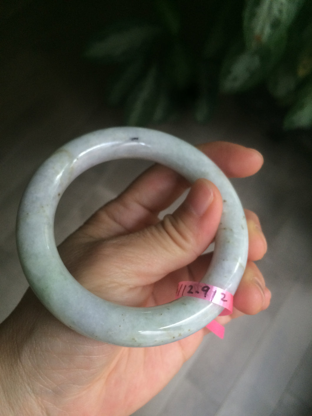 56.6mm 100% natural light green/white chubby round cut jadeite jade bangle L65