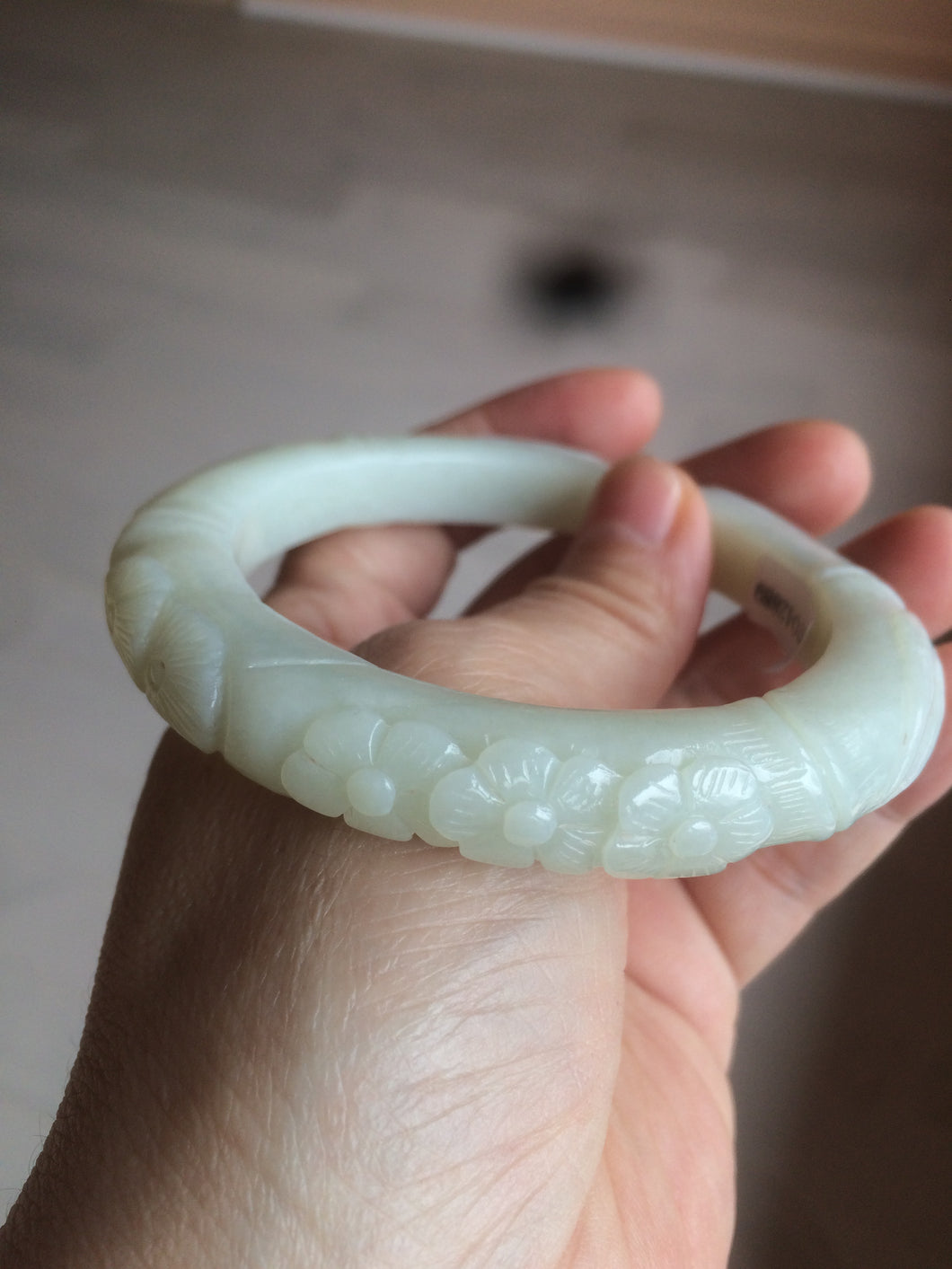 57.1mm Certified 100% Natural white/beige with 3D carved plum blossom/bamboo/lotus leaf nephrite Hetian Jade bangle HF1-2889 卖了 Sold!