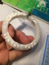 Load image into Gallery viewer, 51.5mm Certified 100% Natural Porcelain white with 3D carved plum blossom nephrite Hetian Jade bangle HF3-1453
