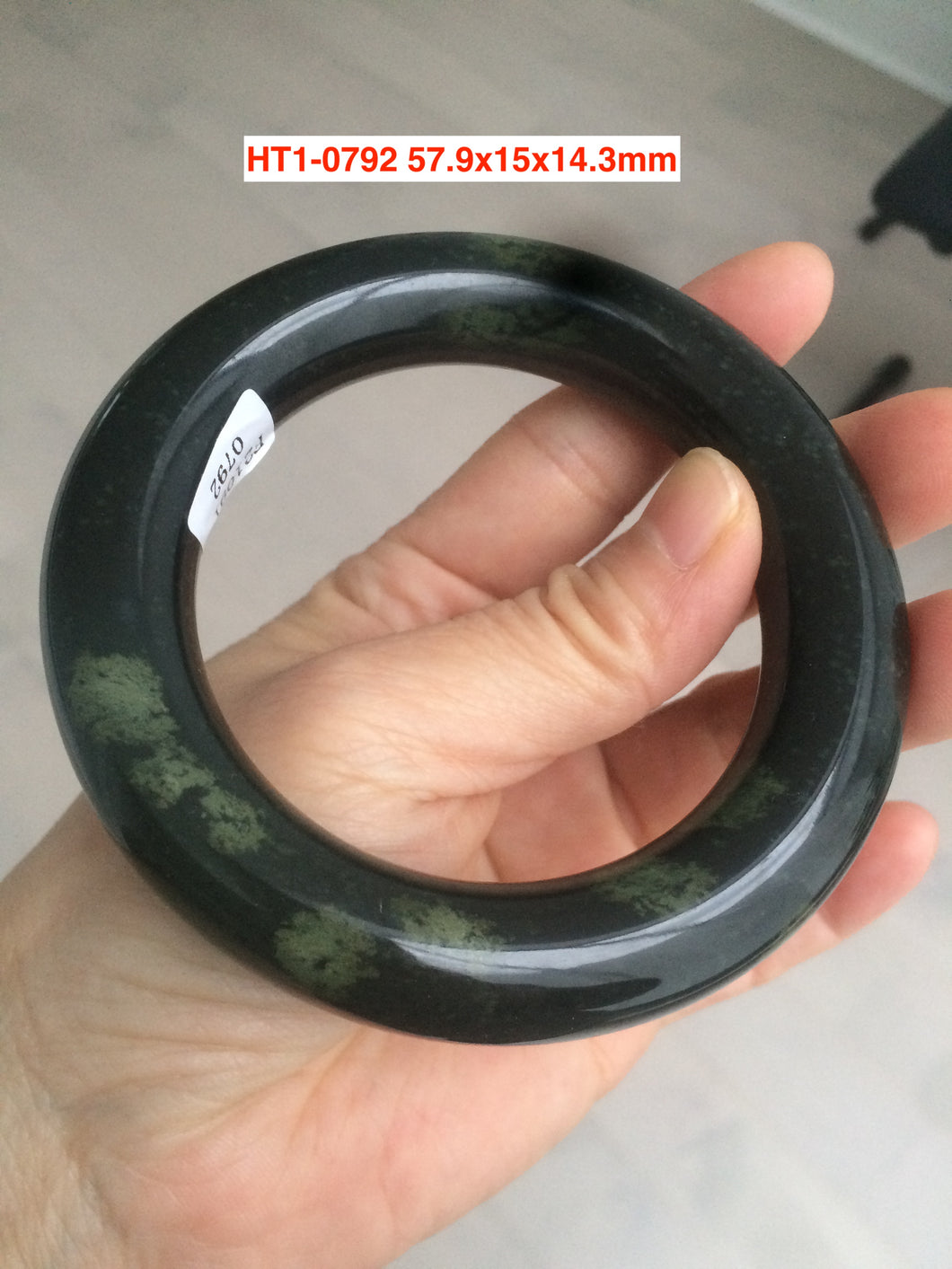 57.7-57.9mm Certified 100% Natural dark green with green/golden fern frost chubby round cut nephrite Hetian Jade bangle group HT1