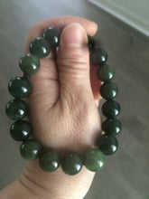 Load image into Gallery viewer, 100% Natural 11-12.5mm dark green round shape nephrite Hetian Jade bead bracelet A25 (河磨玉，和田玉籽料)
