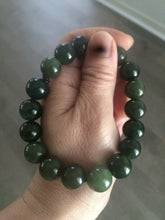 Load image into Gallery viewer, 100% Natural 11-12.5mm dark green round shape nephrite Hetian Jade bead bracelet A25 (河磨玉，和田玉籽料)
