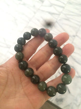 Load image into Gallery viewer, 100% Natural 11-12.5mm dark green round shape nephrite Hetian Jade bead bracelet A25 (河磨玉，和田玉籽料)
