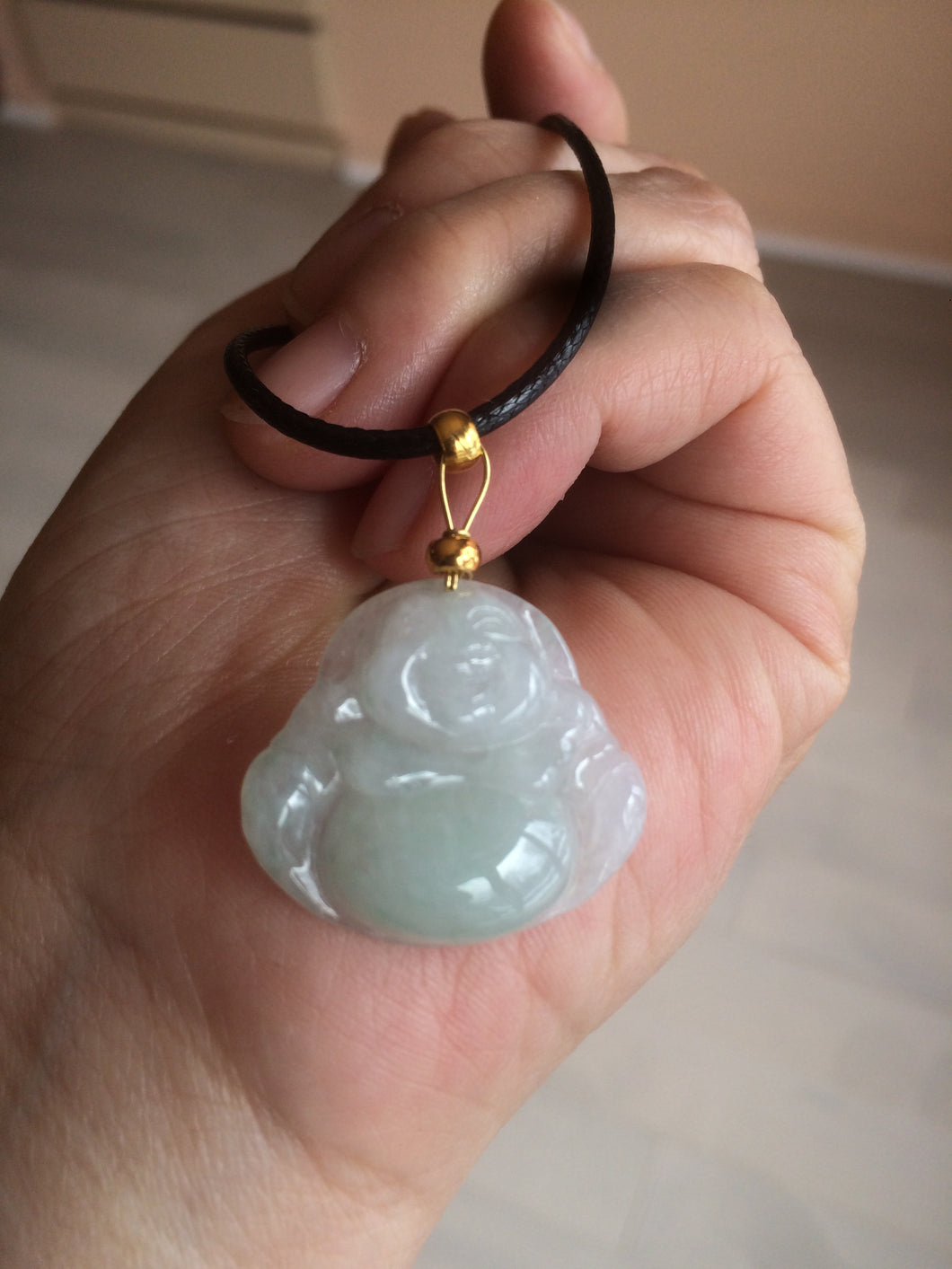 Certified 100% Natural light green/white happy buddha jadeite Jade pendant necklace X110-4-7361