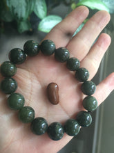 Load image into Gallery viewer, 100% Natural 11-12.5mm dark green round shape nephrite Hetian Jade bead bracelet A25 (河磨玉，和田玉籽料)
