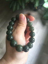 Load image into Gallery viewer, 100% Natural 11-12.5mm dark green round shape nephrite Hetian Jade bead bracelet A25 (河磨玉，和田玉籽料)
