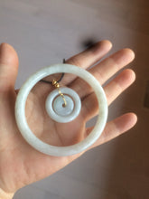 Load image into Gallery viewer, 28.5mm Type A 100% Natural icy light green Jadeite Jade concentric circle safety Guardian ring Pendant (子母扣,同心环) AF44-3
