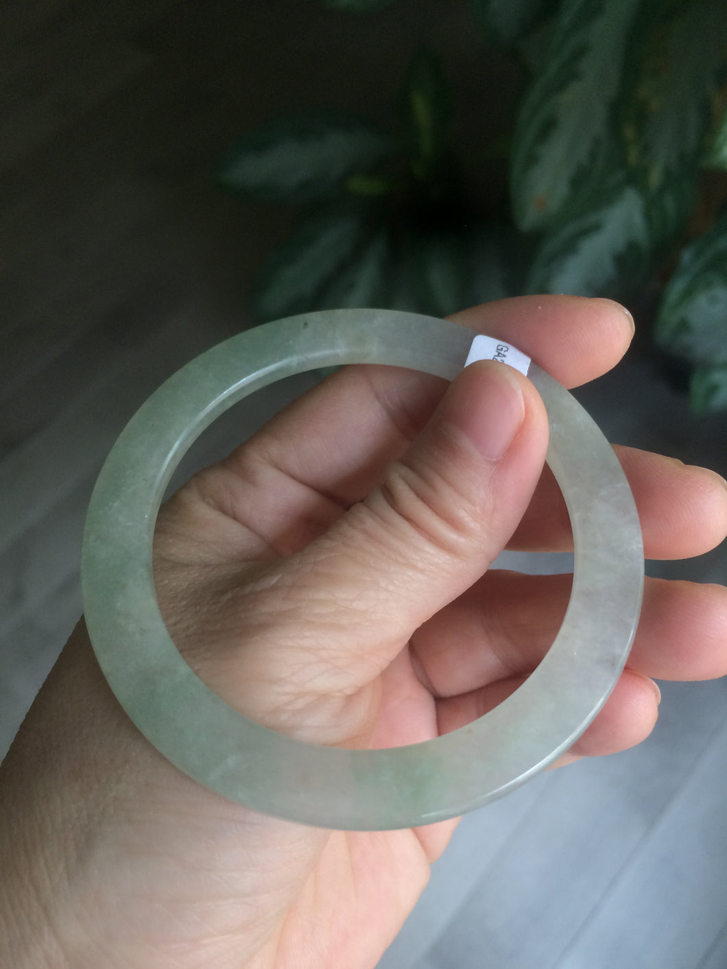 54.9mm certified Type A 100% Natural icy green/white super thin Jadeite bangle Q33-0414