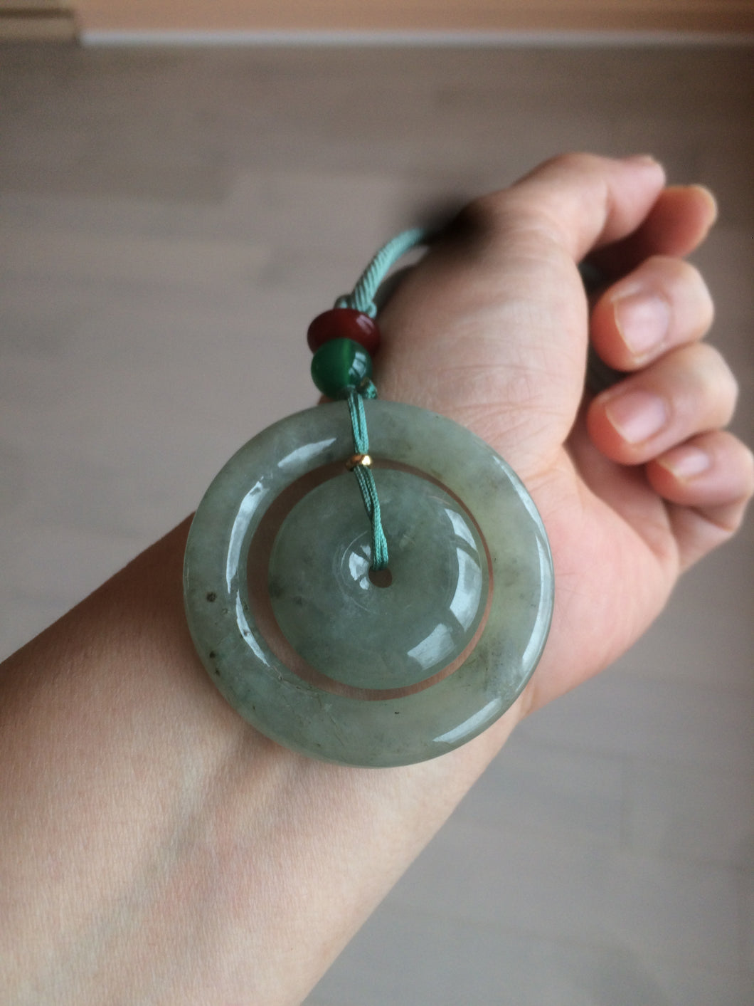 44mm Type A 100% Natural icy watery light green/gray Jadeite Jade concentric circle safety Guardian ring Pendant (子母扣,同心环) AT76