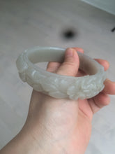 Load image into Gallery viewer, 63.6mm 100% natural light pale pink/gray Quartzite (Shetaicui jade) Phoenix and Peony bangle XY8
