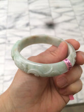 Load image into Gallery viewer, 59mm Certified Type A 100% Natural carving light green Jadeite Jade bangle U15-0008
