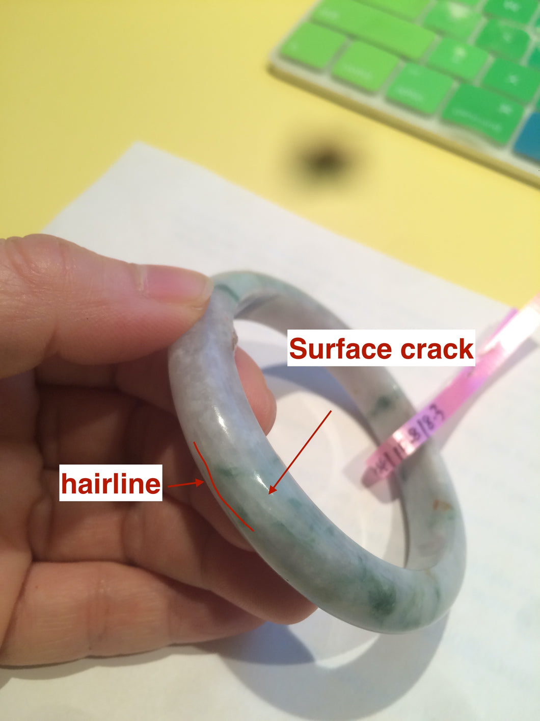 Certificated 54.4mm Type A 100% Natural white/yellow/light purple with flying green flowers jadeite jade bangle A19-8422