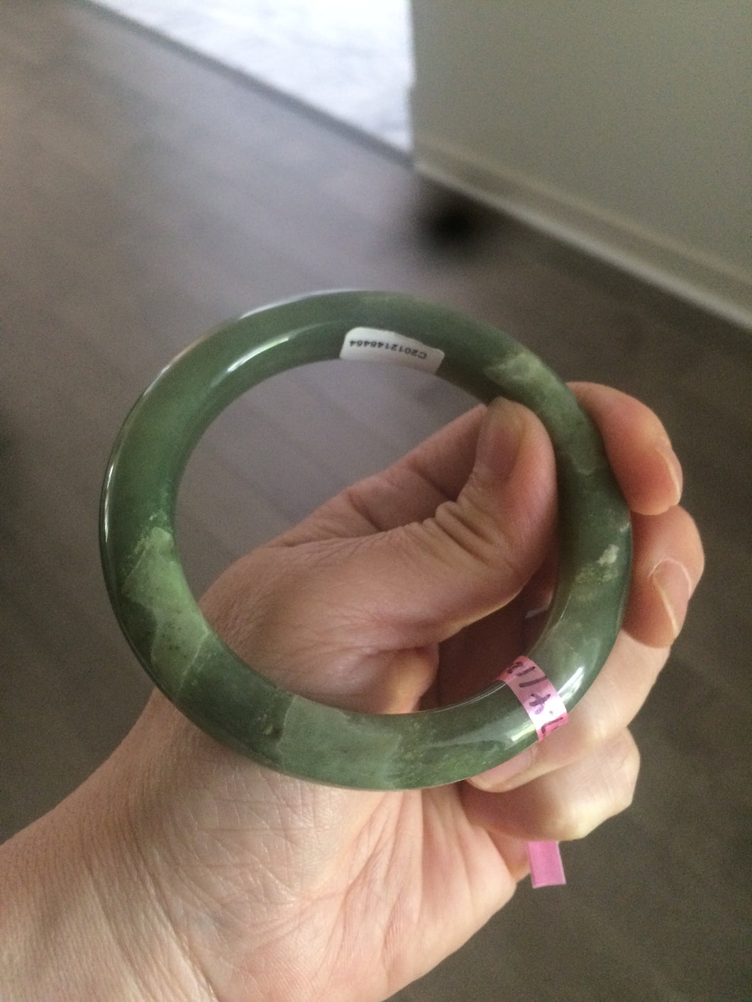 57.4mm certified dark green/gray/ round cut Hetian nephrite jade bangle F69-6454