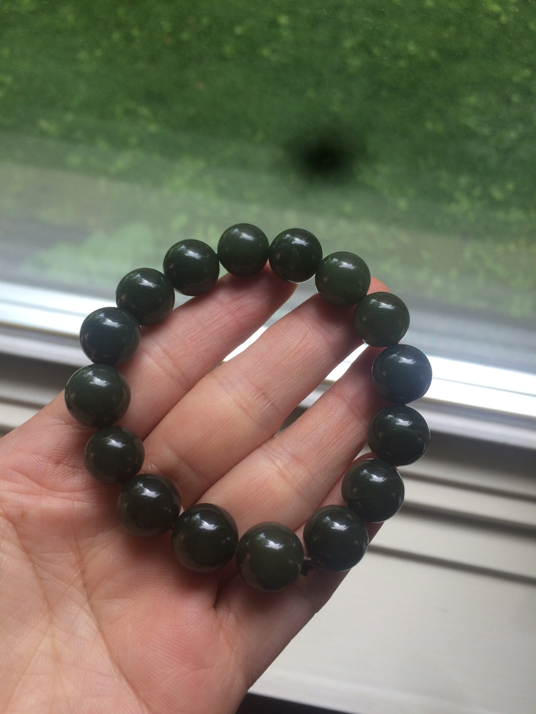 100% Natural 11-12.5mm dark green round shape nephrite Hetian Jade bead bracelet A25 (河磨玉，和田玉籽料)