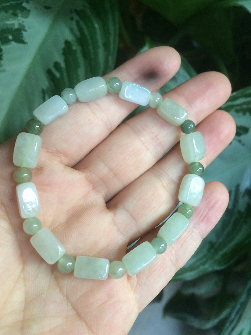 卖了 100% natural type A jadeite jade rectangle +round beads bracelet N70 (Clearance item)