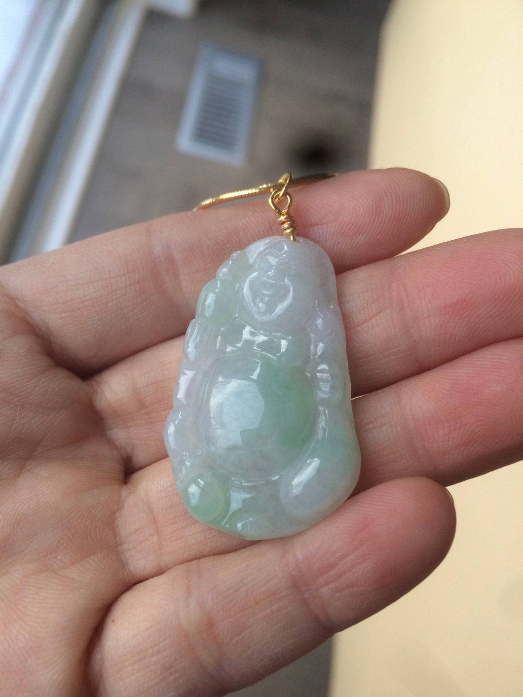 100% Natural super icy watery light green/white happy buddha jadeite Jade pendant necklace WP-1